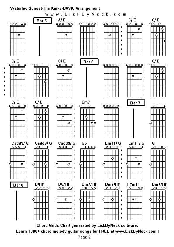 Chord Grids Chart of chord melody fingerstyle guitar song-Waterloo Sunset-The Kinks-BASIC Arrangement,generated by LickByNeck software.